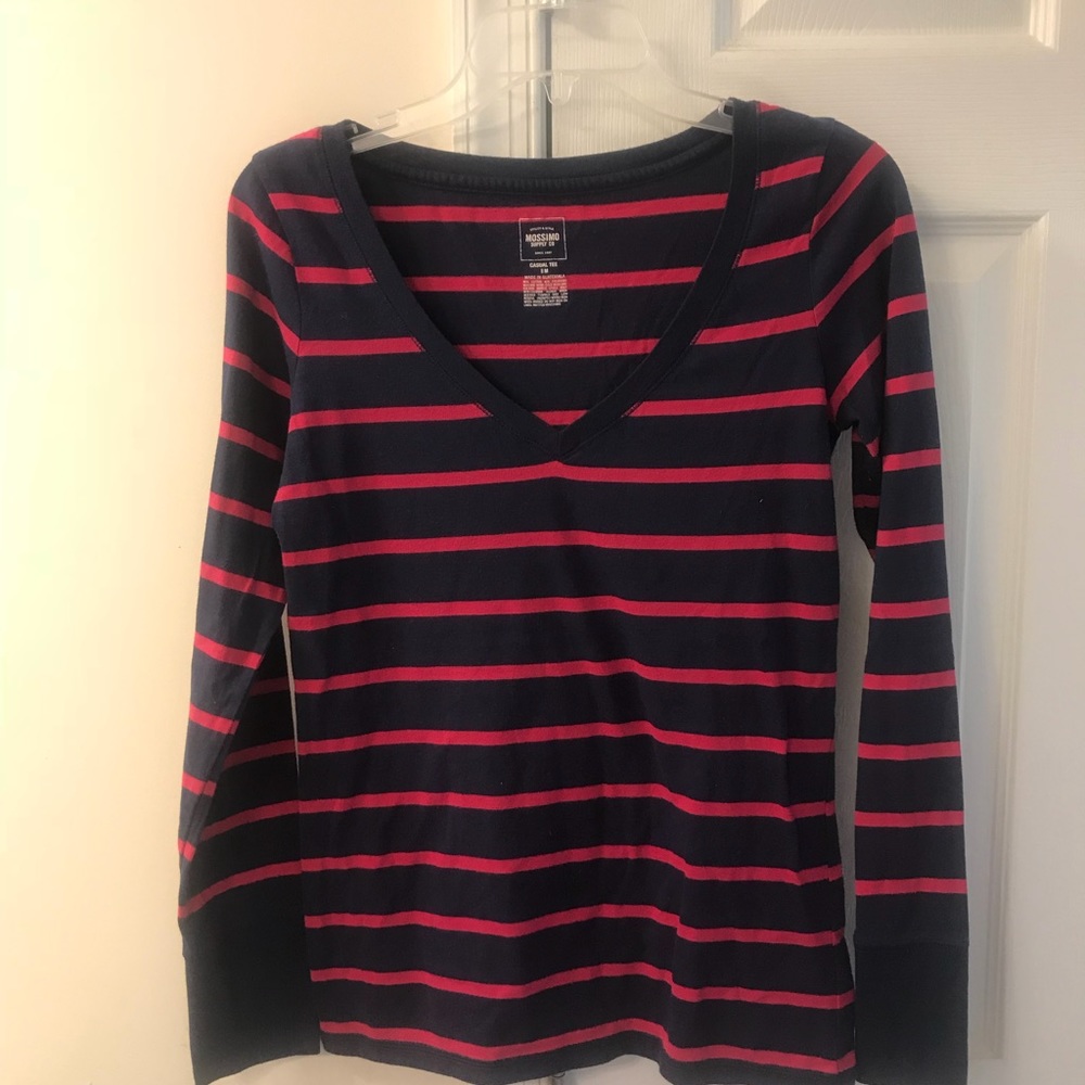 Navy & Magenta V-Neck Striped Shirt